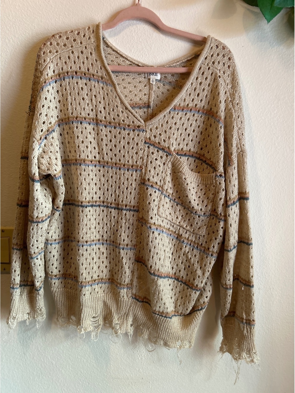 BKE Distressed Beige Knit V-Neck Sweater with Stripes and Pocket